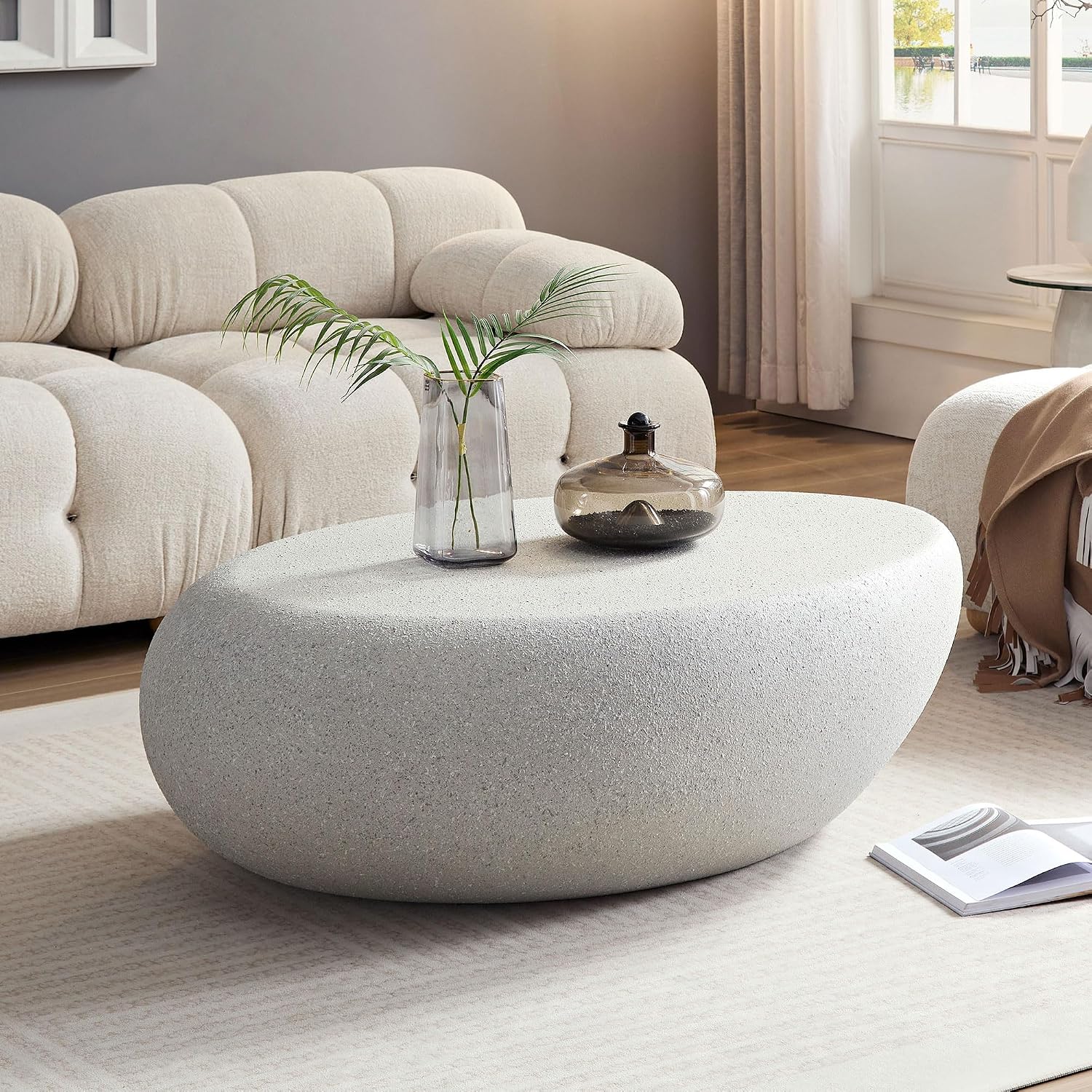 Nesting Coffee Tables Set of 2, Oval Faux Stone Coffee Table with Side Table, Modern Fiberglass Center Table & Accent Side Table Set for Living Room Apartment Office, No Need Assembly, Beige