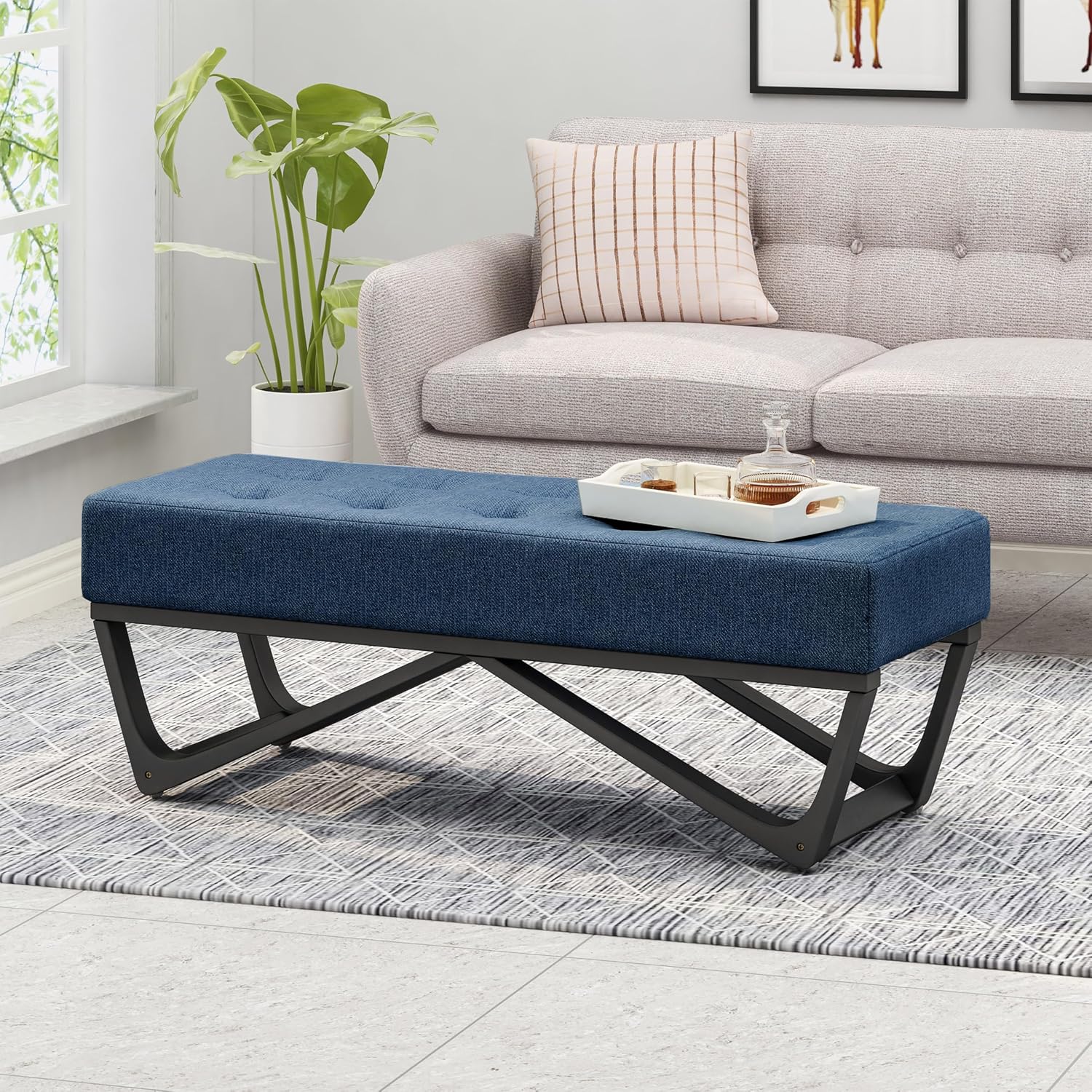 Christopher Knight Home Assis Upholstered Ottoman Bench, Tufted Top Upholstered Ottoman Foot Stool for Bedroom Home Office, Modern Coffee Table for Living Room, Navy Blue