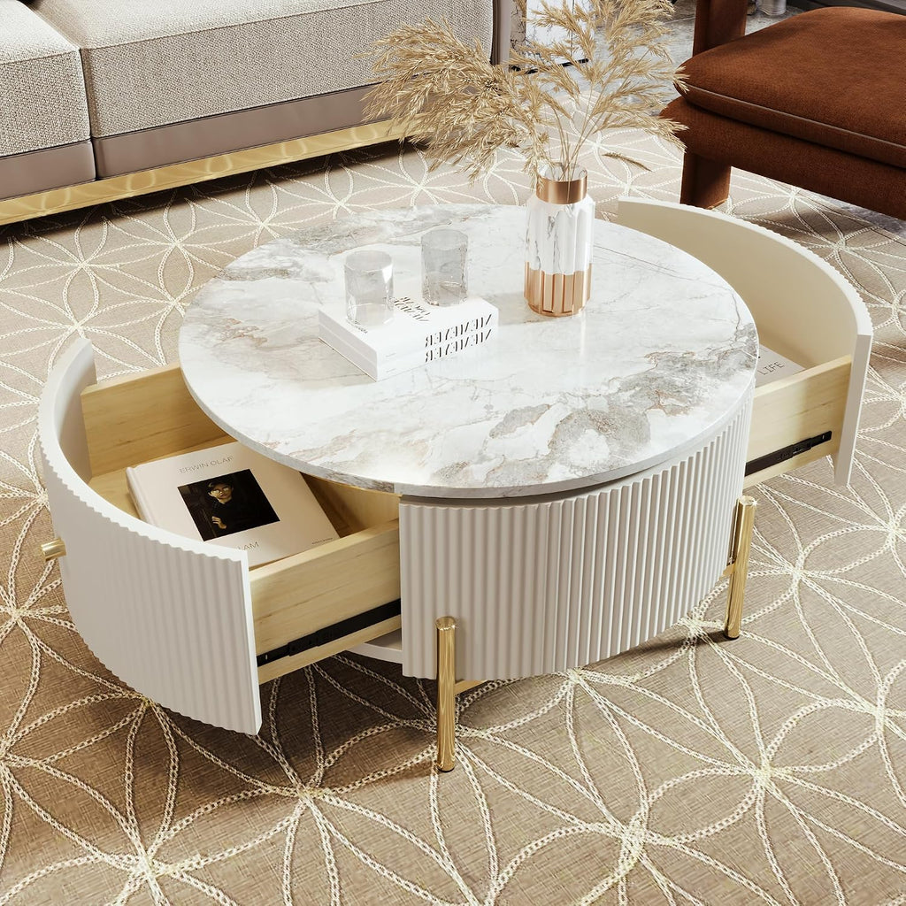 Merax 31.5'' Round Wood Coffee Table, with 2 Large Drawers Storage, Modern Marble Top, with Gold Metal Legs Center Tables for Living Room Apartment, Off White