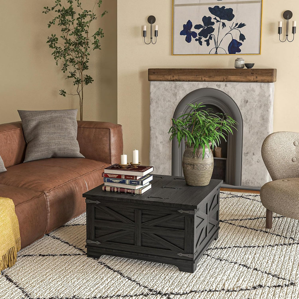 HOMCOM Farmhouse Coffee Table with Storage, Center Table with Hinged Lift Top and Hidden Space, Square Coffee Table for Living Room, Distressed Black