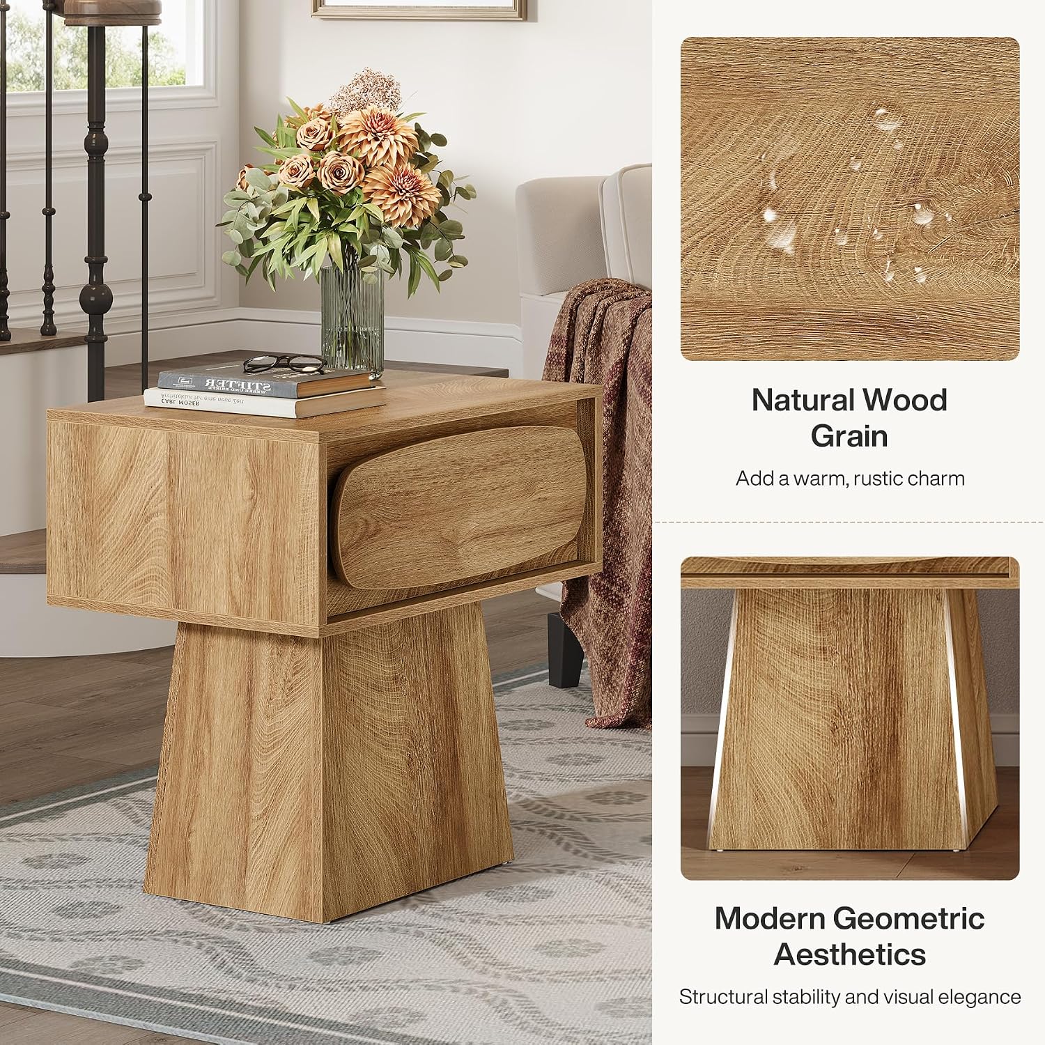 Tribesigns 2PCS End Table with Storage Drawer, Modern Wooden Side Table with Curved Handle, Small Nightstand for Living Room, Bedroom, Small Spaces (Natural Wood Color)