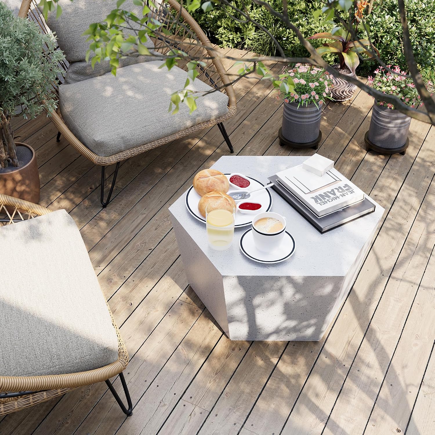 UPHA 28' Hexagon Outdoor Coffee Table, Modern Hollow Concrete Patio Table, Small Minimalist Low Accent Table for Living Room, Balcony, Deck, Backyard, Off-White