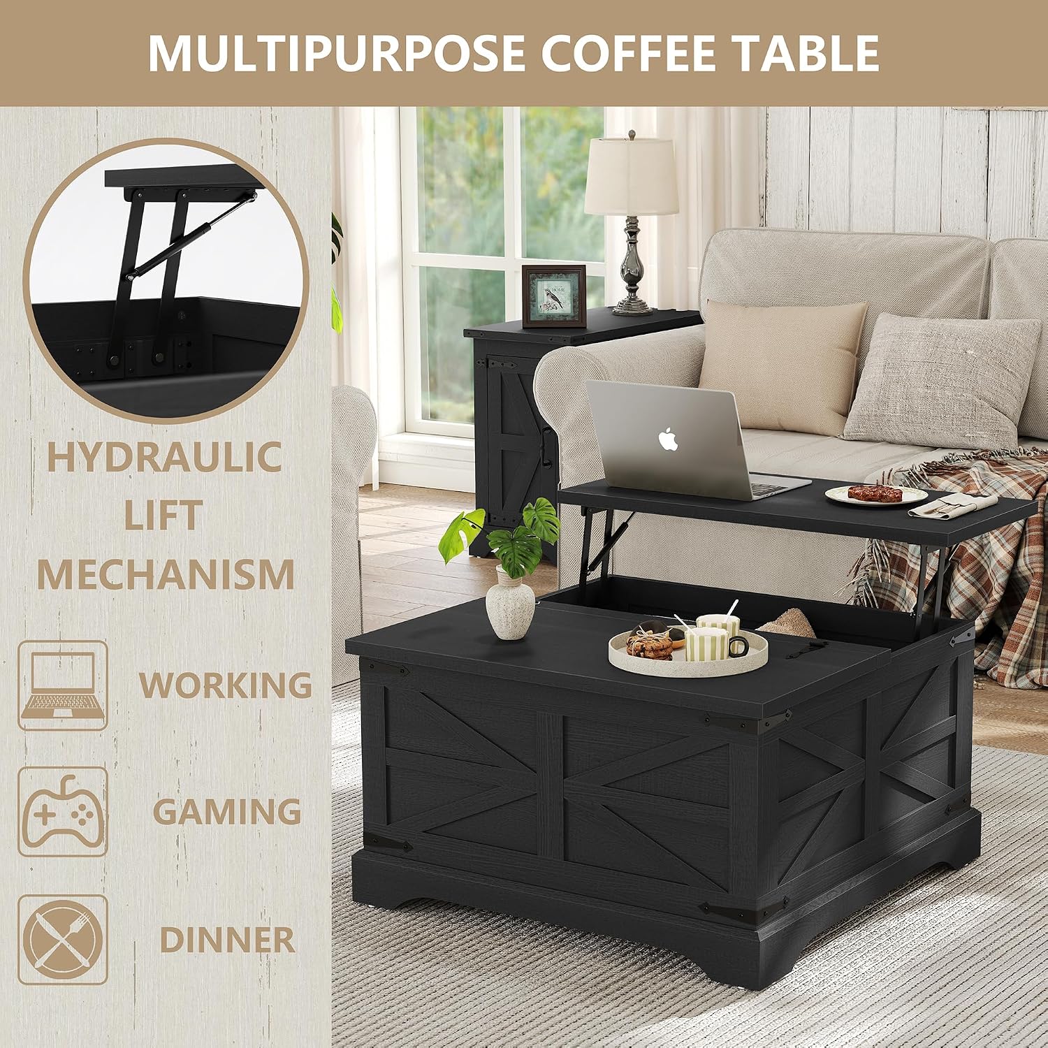 Furnideco Farmhouse Lift Top Coffee Table, Square Wood Center Table with Large Hidden Storage Compartment for Living Room, Rustic Cocktail Table with Hinged Lift Top for Home, Black