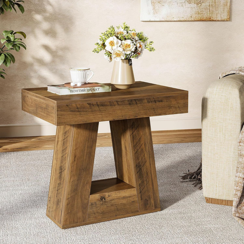 Tribesigns 24' Modern Side Table, 2-Tier Narrow Wooden End Table with Trapezoid Base, Farmhouse Small Nightstand for Living Room, Bedroom (1, Brown)
