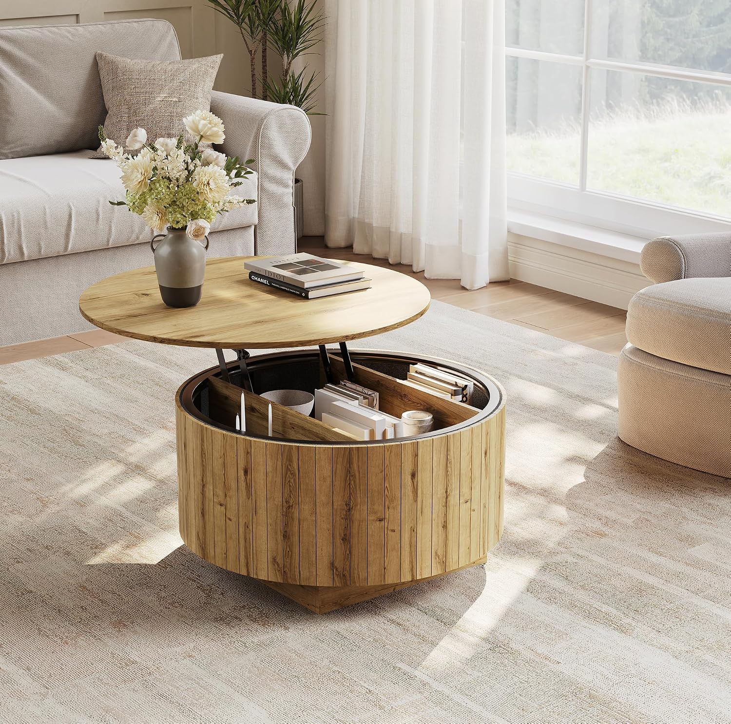 kepptory Round Lift Top Coffee Table with LED Lights, Mid Century Modern Wooden Coffee Tables with 3 Storage Space, Circle Center Table for Living Rooms,Dining Room,Bedroom Home Office,APP LED Lights