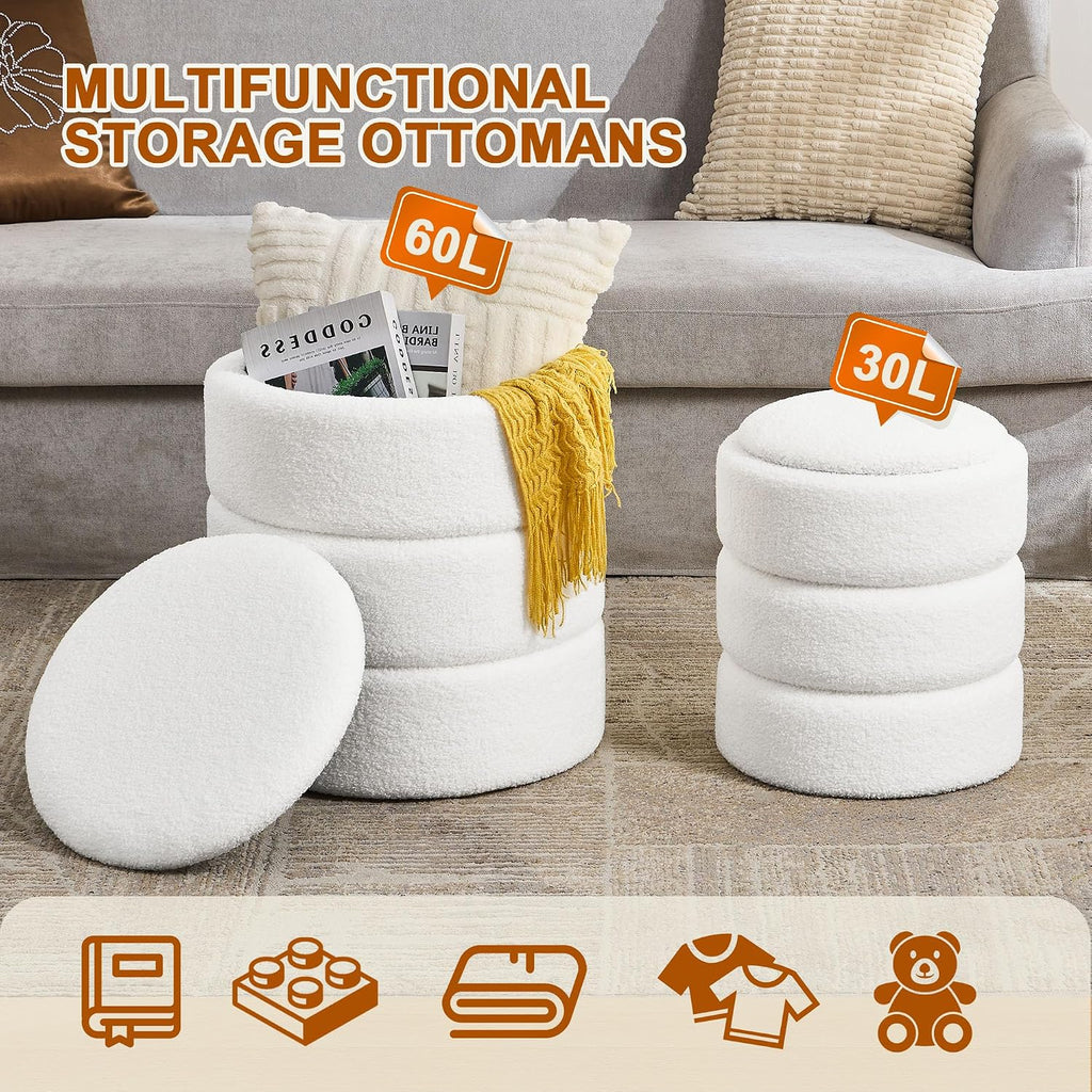 oakvivo Round Ottoman with Storage Set of 2, Soft Teddy Velvet Upholstered Foot Stool Vanity Chairs, Support 330lbs Padded Seat Multifunctional Ottomans Footrest, Foot Rest for Living Room, White