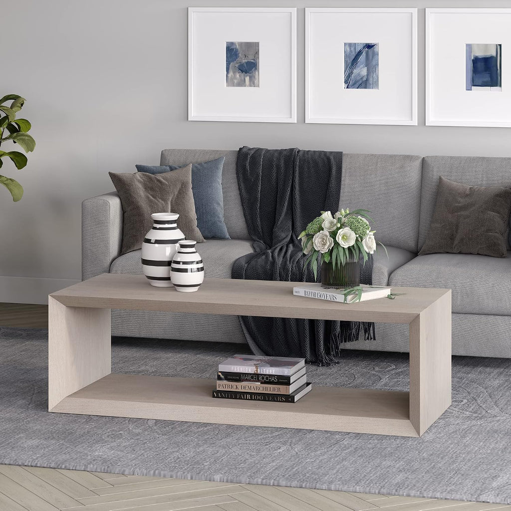 Henn&Hart 58' Rectangular Coffee Table with Open Storage Shelf for Living Room, Family Room, or Office, Beech White