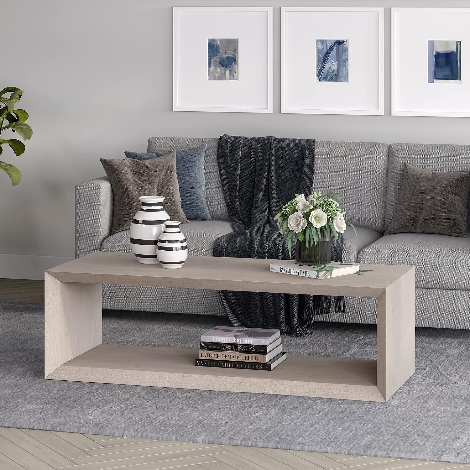 Henn&Hart 58' Rectangular Coffee Table with Open Storage Shelf for Living Room, Family Room, or Office, Beech White
