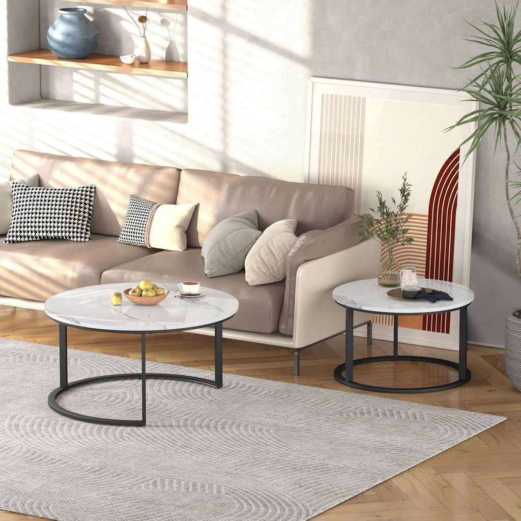 WiberWi Round Coffee Table Nesting Tables Set of 2, Large : Ø 33.5', Small : Ø 25.7', Modern Design Coffee Tables for Living Room, Metal Frame Circle Cocktail Table, High Glossy Faux White Marble