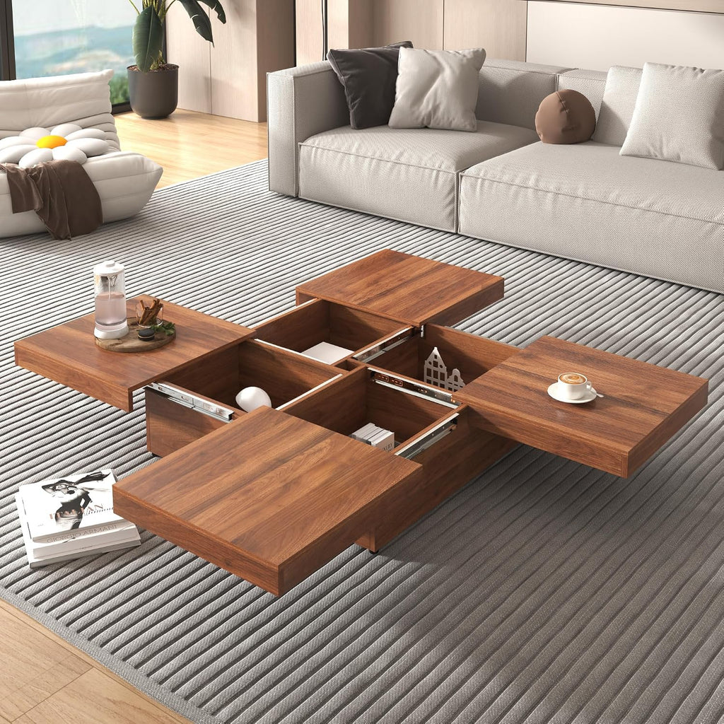 Merax Coffee Table, Modern Extendable Coffee Table with 4 Hidden Storage Compartments, UV High-Gloss Square Center Cocktail Table with Sliding Tabletop for Living Room, 39.4'x 39.4' (Walnut)