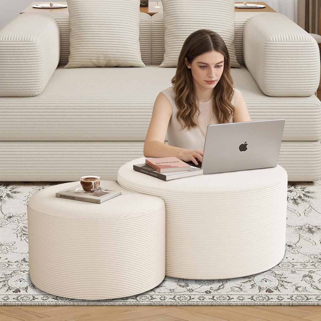BSHOMGI Round Coffee Table Set of 2, Movable Ottoman for Corduroy Cloud Sectional Couches Circle Foam Round Side Table for Living Room, Entryway Set, 32'+17' Footrest No Assembly (Beige, 32'+17')
