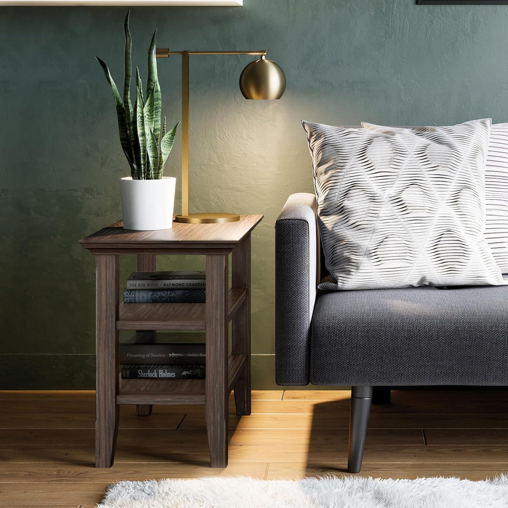 SIMPLIHOME Acadian Narrow Side Table - 14 inch Wide Solid Wood Rectangular End Table with 2 Open Shelves in Farmhouse Brown, Transitional Lamp Stand or Nightstand for Living Room or Bedroom