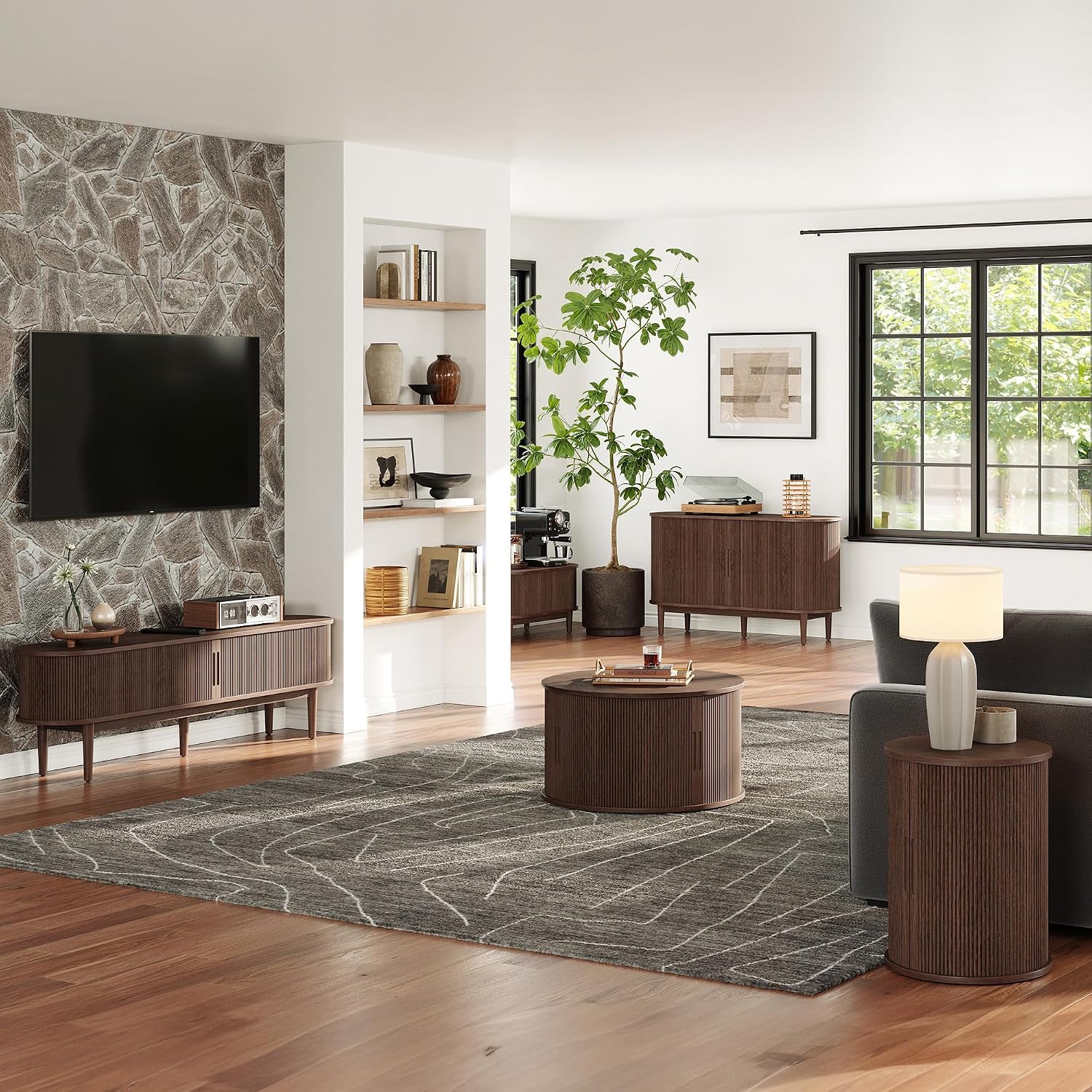 LINSY HOME Round Coffee Table, 31.5' Drum Coffee Table with Sliding Tambour Door, Fluted Accent Center Table with Storage, Mid Century Modern Coffee Table for Living Room, Walnut
