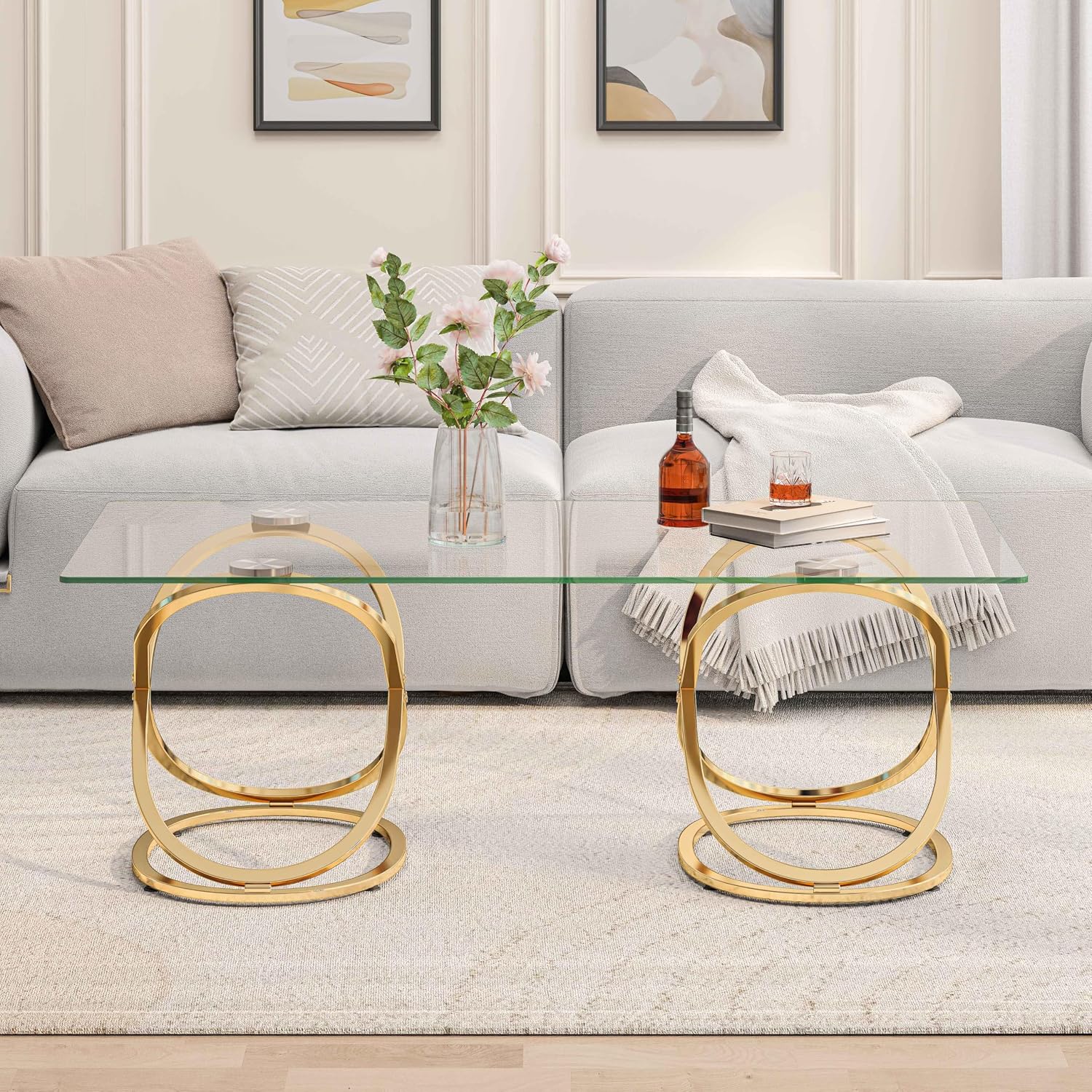 47' Rectangle Coffee Table with Tempered Glass Tabletop, Modern Gold Ring Base, Luxury Living Room Center Table