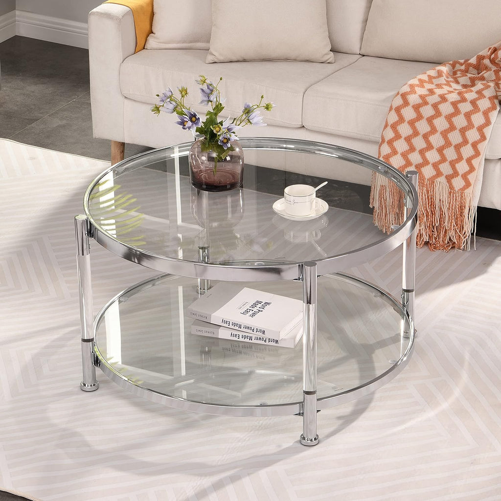 32' Tempered Glass Round Coffee Table Modern Chrome Frame Acrylic Legs Circle Living Room Center Tables
