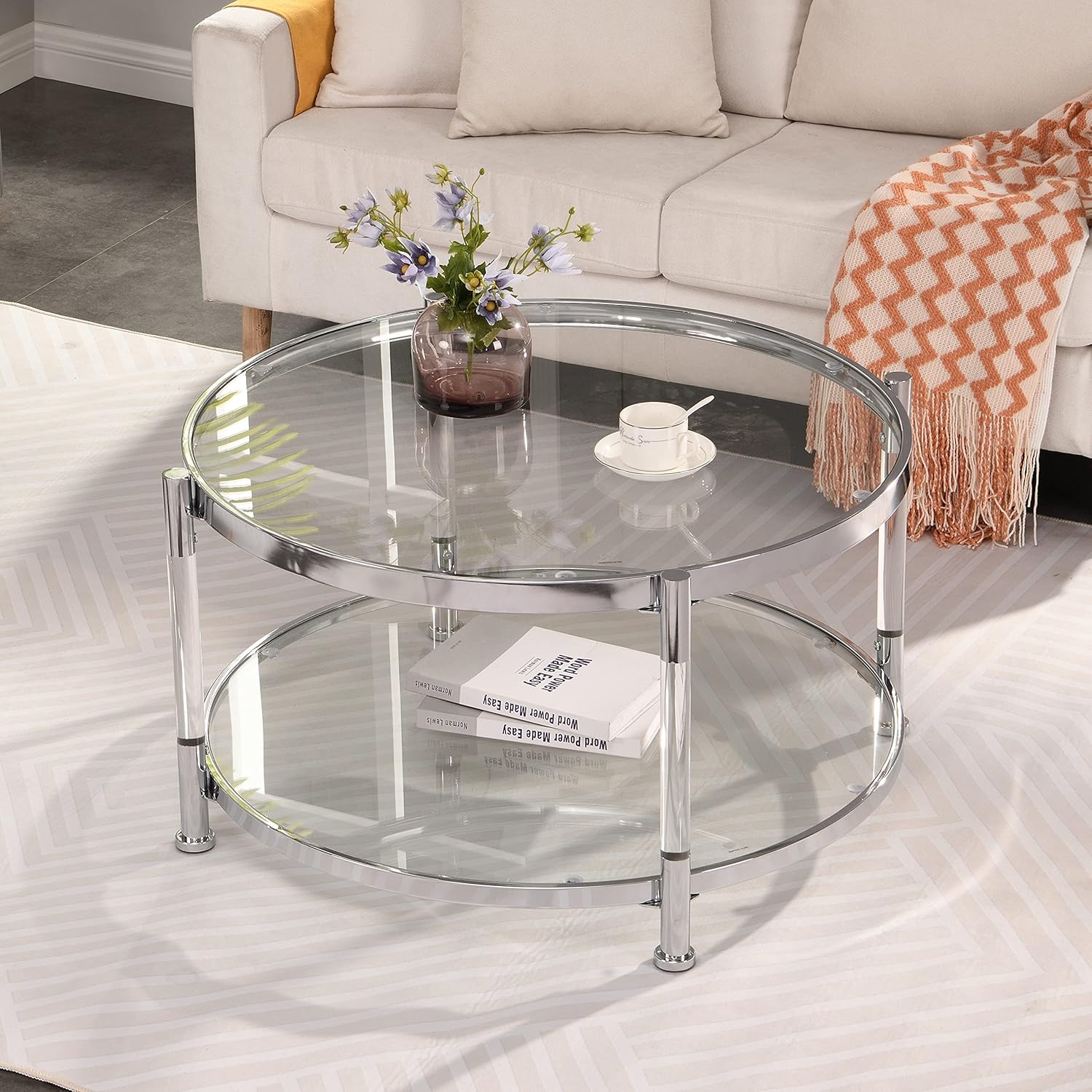 32' Tempered Glass Round Coffee Table Modern Chrome Frame Acrylic Legs Circle Living Room Center Tables