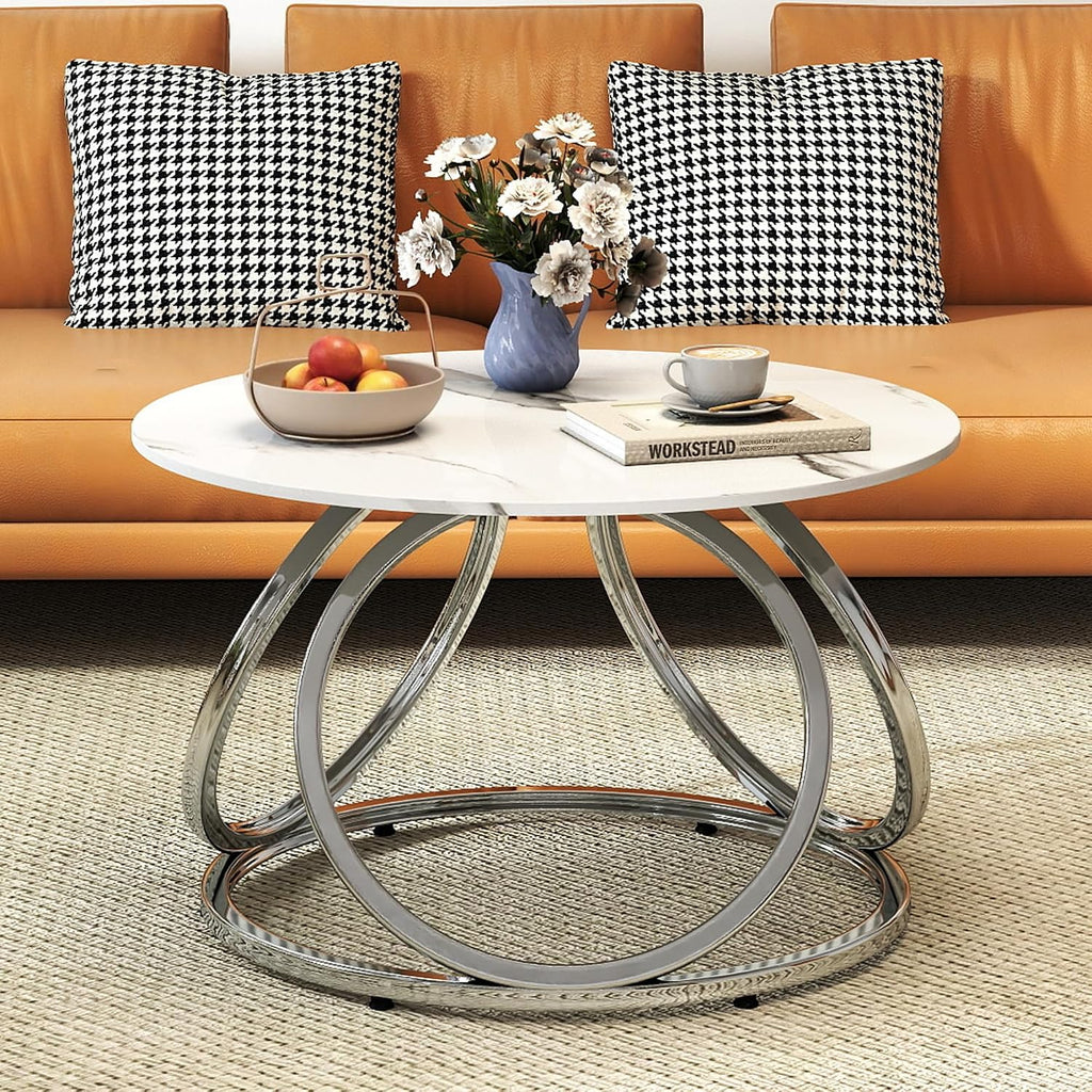 O&K FURNITURE Silver Coffee Table, Round Coffee Table Faux Marble Veins, Modern Center Table with Chrome Finish, for Living Room, Home Office, 1 PC