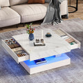 jiteentarou 33.9 Inch Modern LED Coffee Table with Storage - High Gloss Black Square Center Table with 2 Drawers, Double-Layer Design for Living Room, Home Office Furniture,White Marble
