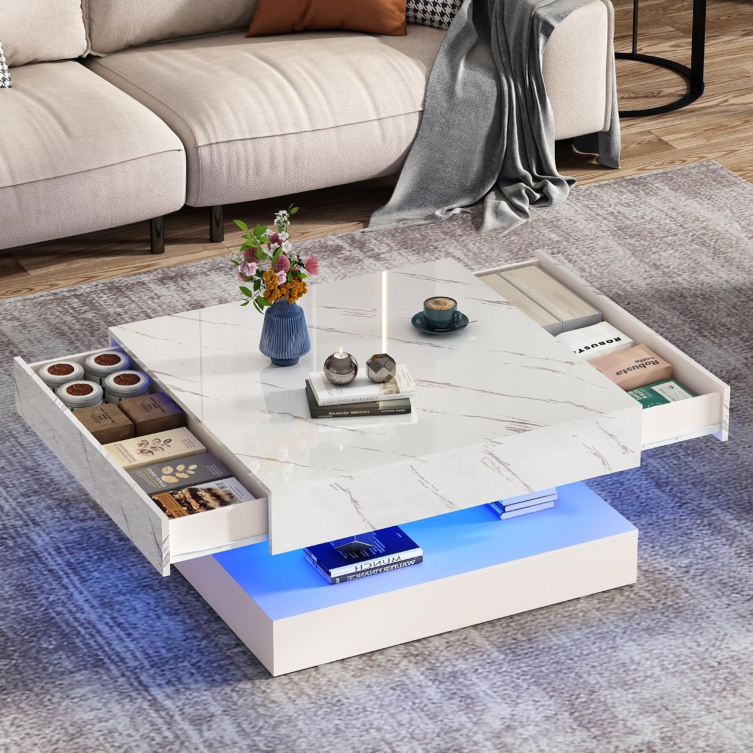 jiteentarou 33.9 Inch Modern LED Coffee Table with Storage - High Gloss Black Square Center Table with 2 Drawers, Double-Layer Design for Living Room, Home Office Furniture,White Marble