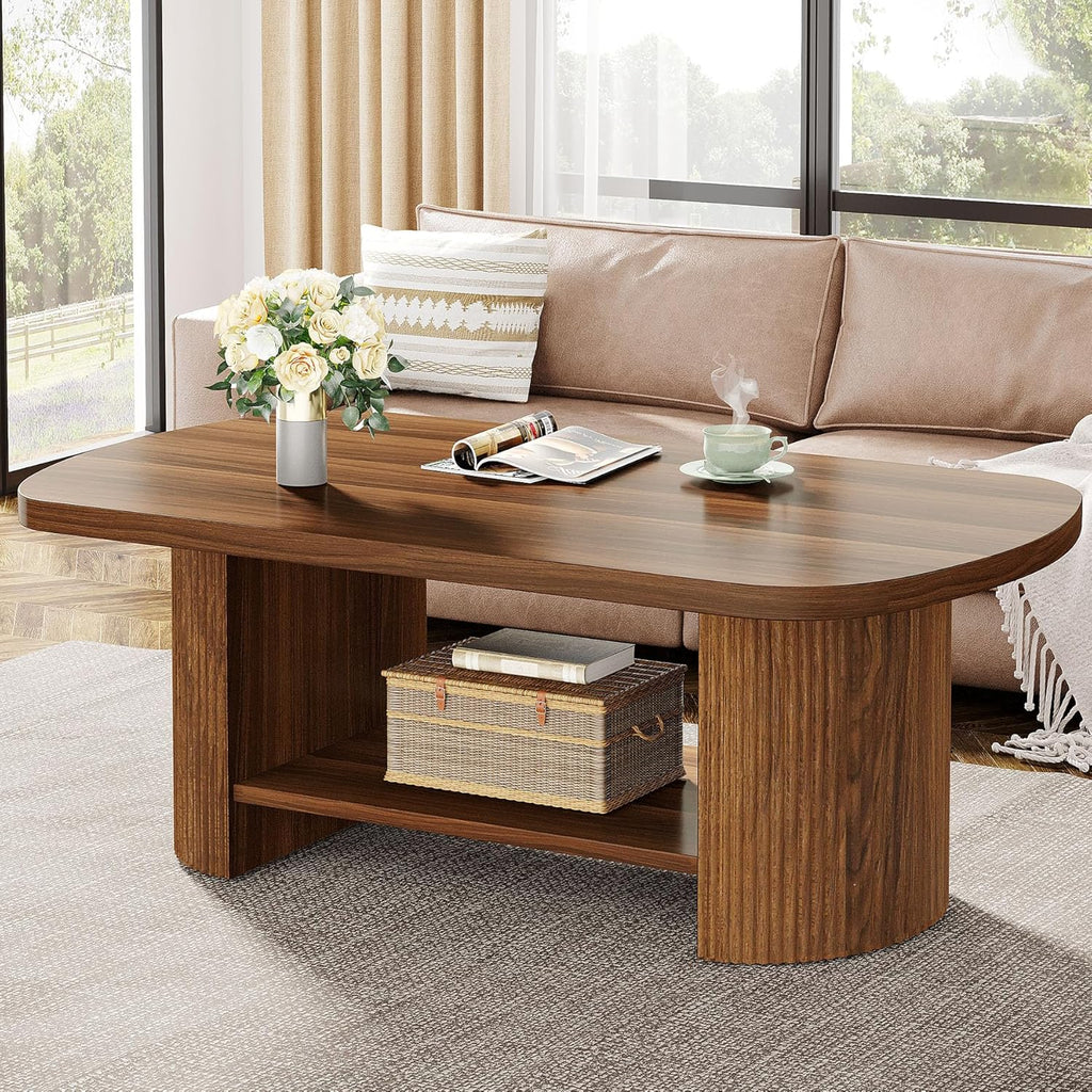 Tribesigns Oval Coffee Table, Mid-Century 2-Tier Coffee Table with Storage Shelf, Modern 45.27' Accent Center Table with Wooden Dual Base for Living Room Bedroom Apartment (Rustic Brown)