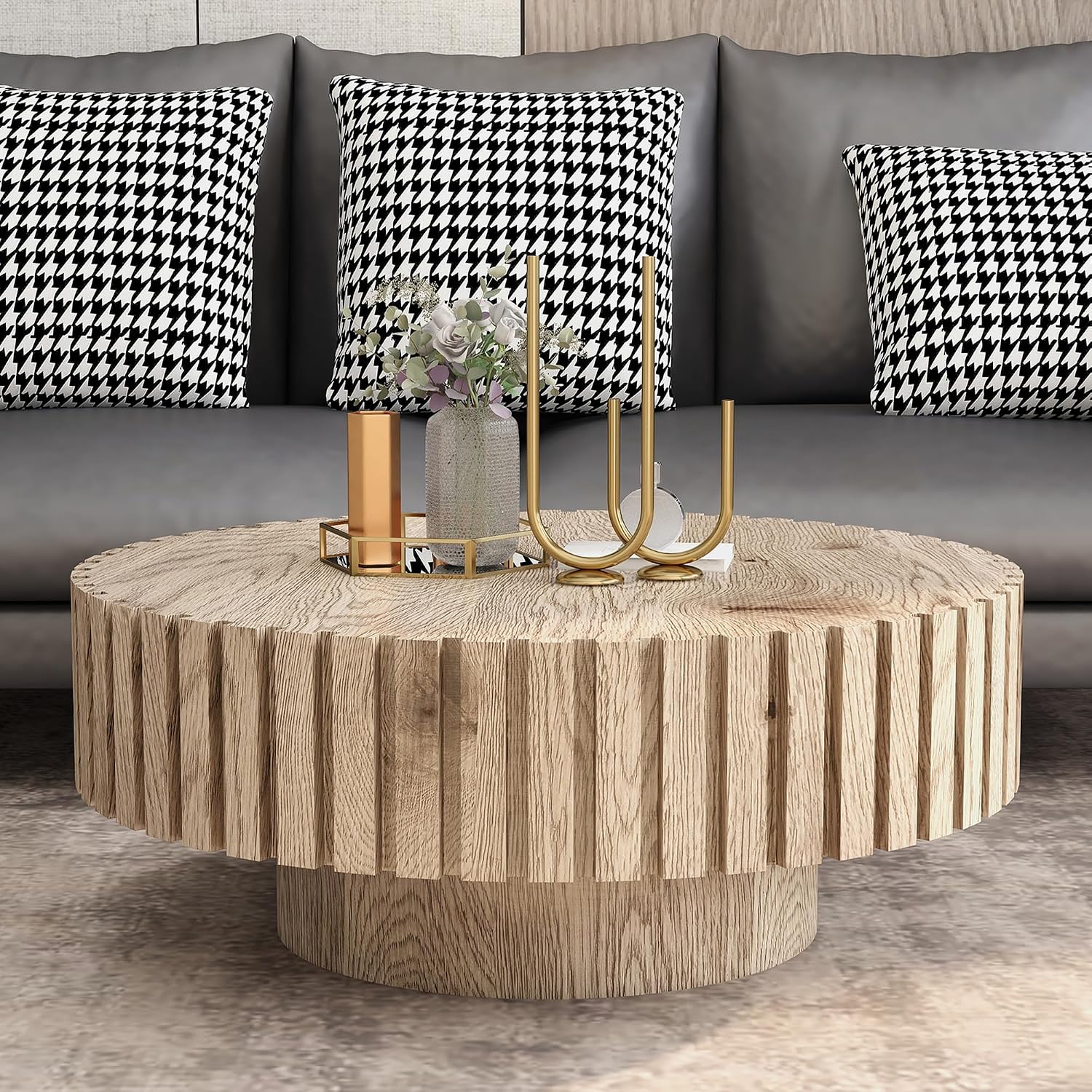 Round Wood Coffee Table for Living Room Modern Rustic Fluted Solid Wood Coffee Table Pedestal Center Table Circle Tea Tables for Apartment Easy Assembly(31.5''Oak Natural)