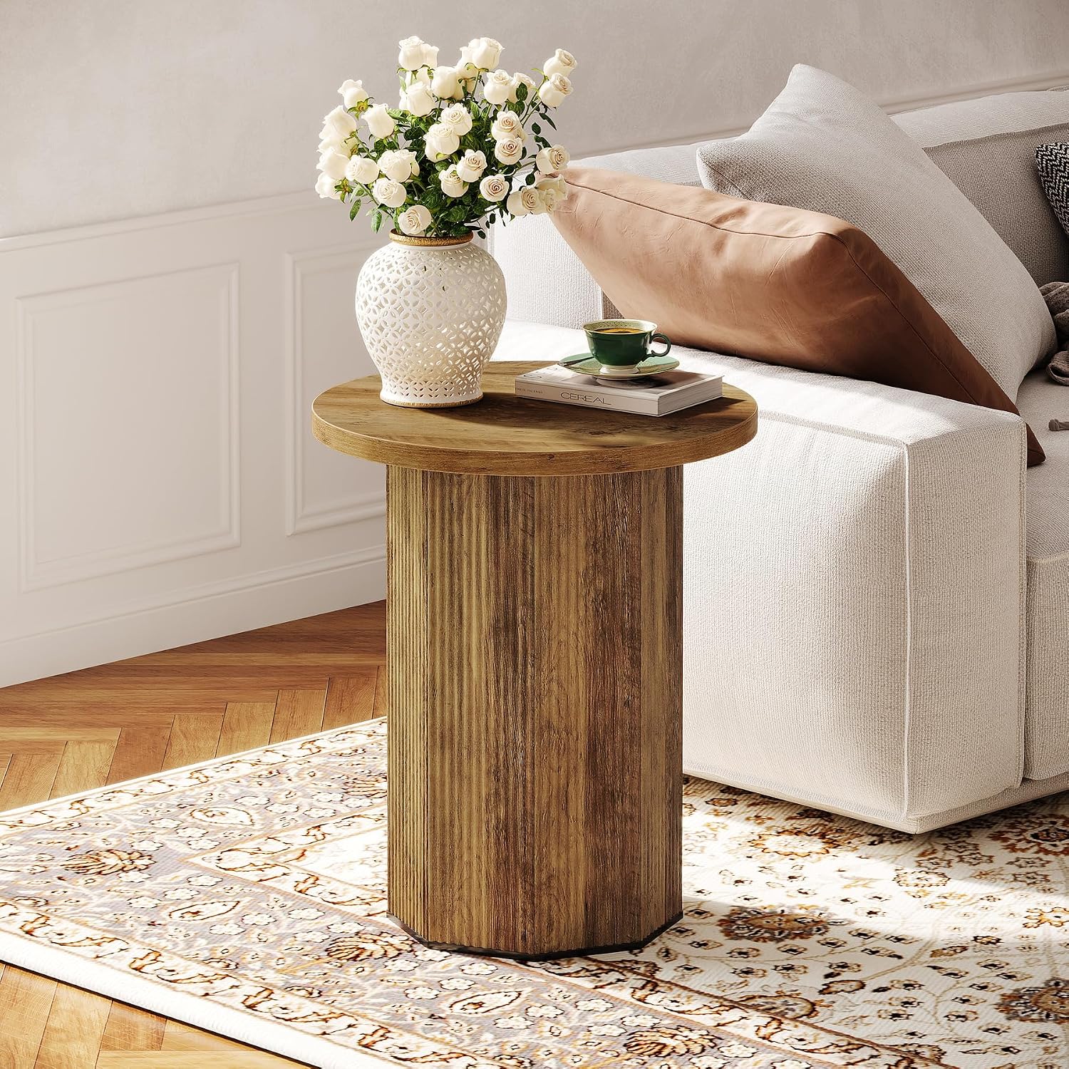 Tribesigns Round End Table, Farmhouse Pedestal Side Table, Fluted Wooden Nightstand Drink Stand for Living Room, Bedroom (1)