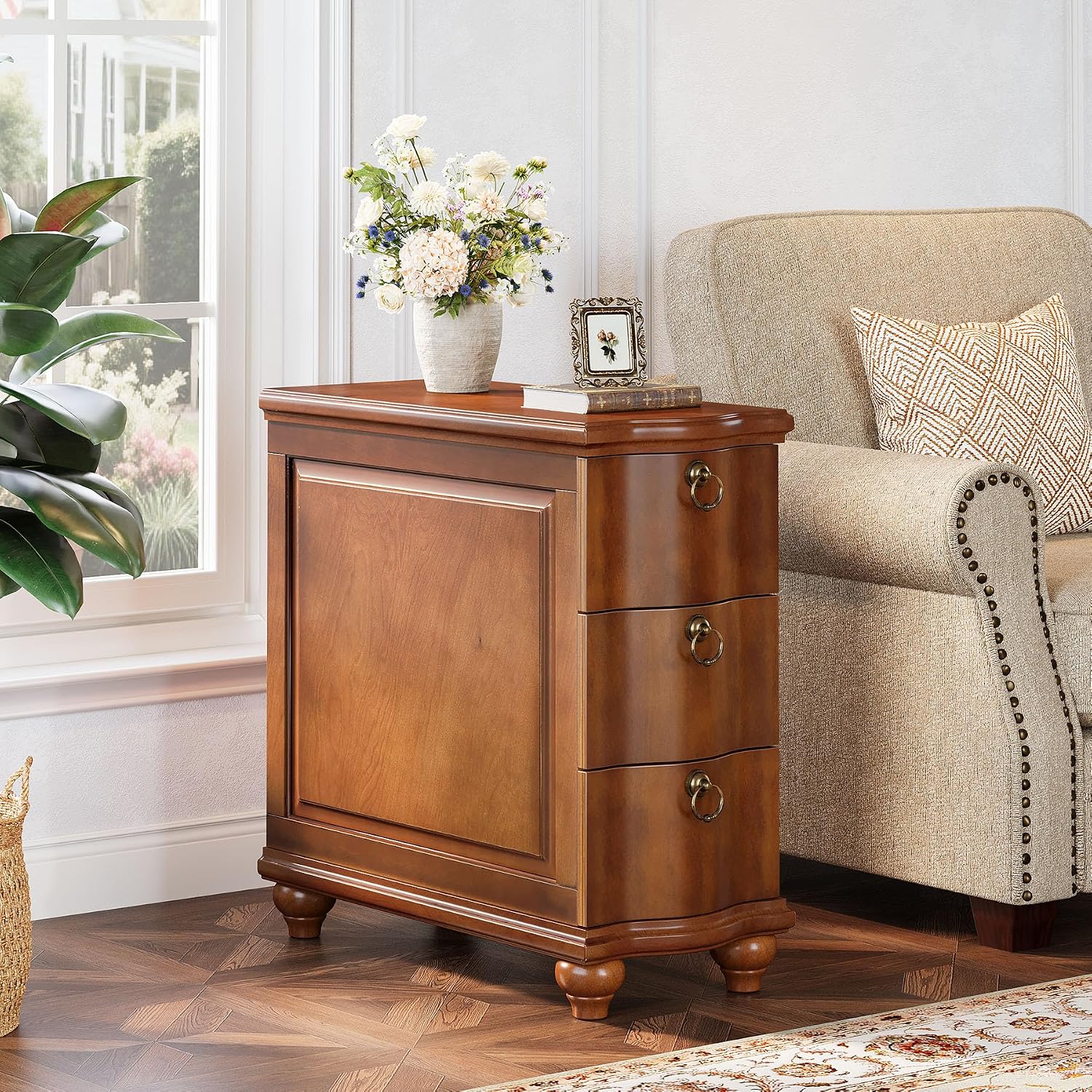 Tribesigns Wood Fully Assembled End Table, 3-Drawers Narrow Slim Side Table, No Assembly Required, Nightstand for Bedside, Small Spaces, Living Room, Bedroom, Walnut Brown
