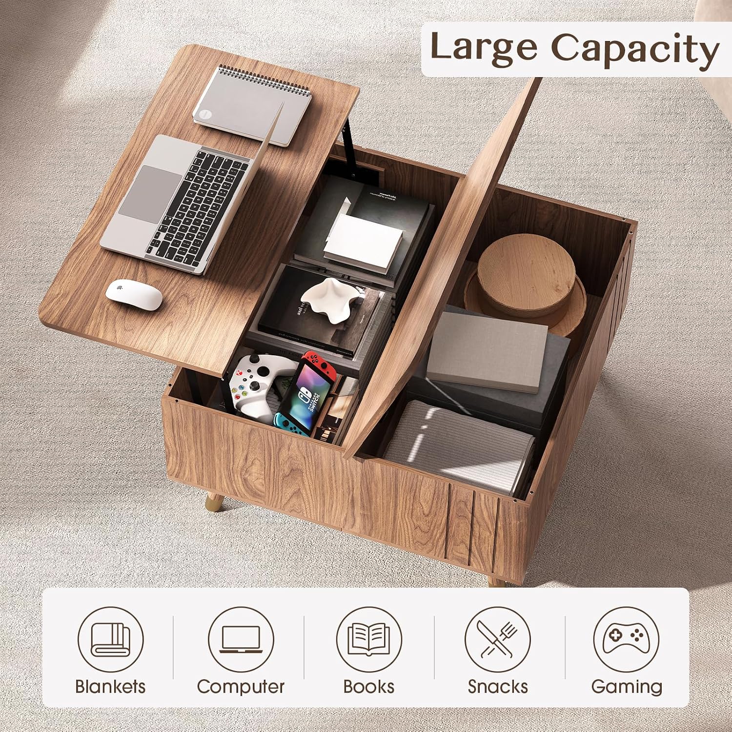 Square Coffee Table with Lift-Top & Flip-Top Storage, 36' Functional Modern Accent Center Table with Solid Wood Legs, Rustic Walnut Coffee Tables for Living Room Small Space or Office
