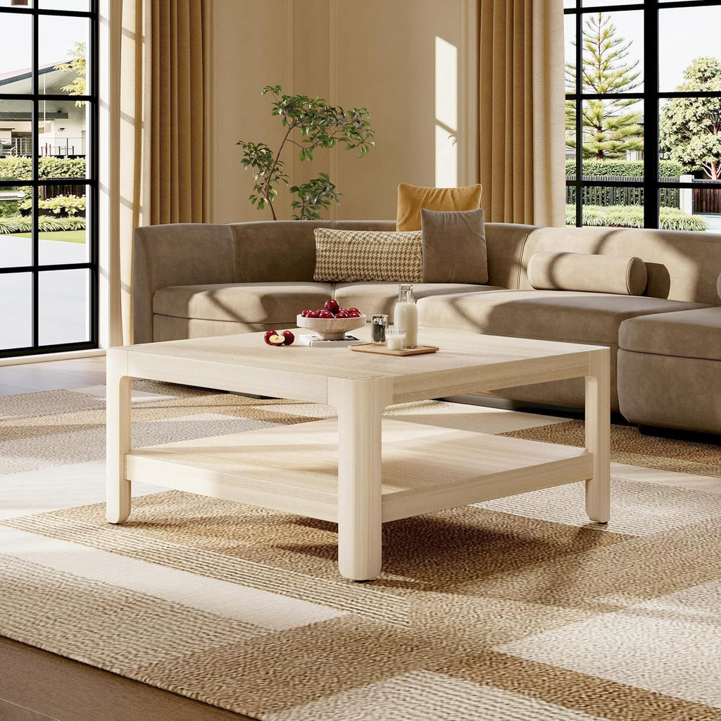 Christopher Knight Home Fenden Modern Farmhouse Coffee Table, 34.65' Square Wood Side Table with Soft Rounded Profile, 2-Tier Storage Design, Minimalist Table, Space Saving for Living Room, Natural
