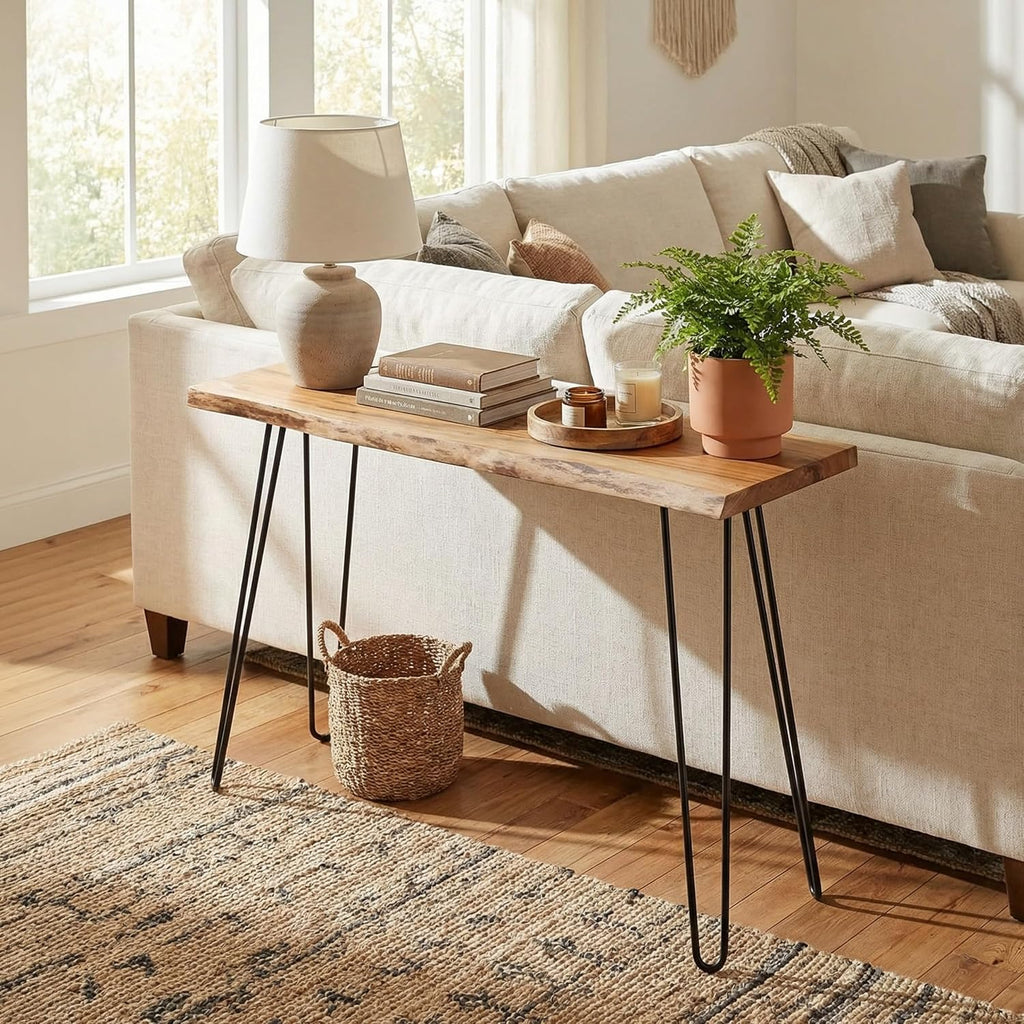Alaterre Furniture Live Edge Wood Console Table with Hairpin Metal Legs – Rustic Solid Wood Sofa Table, Narrow Entryway Hallway Table, Industrial Farmhouse Media Console for Living Room (48 Inch)