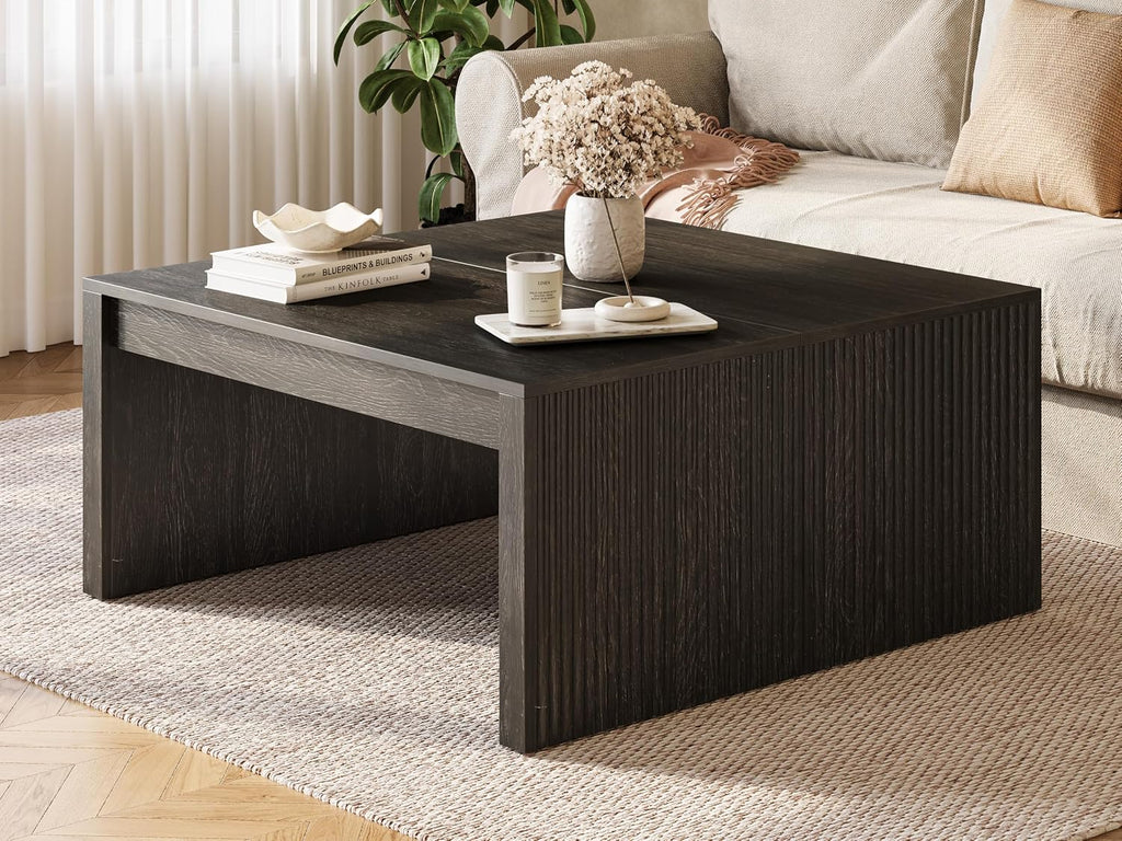 LITTLE TREE Square Coffee Table, 39.4-Inch Fluted Coffee Tables, Mid-Century Modern Center Cocktail Table for Living Room Bedroom, Easy Assembly, Black