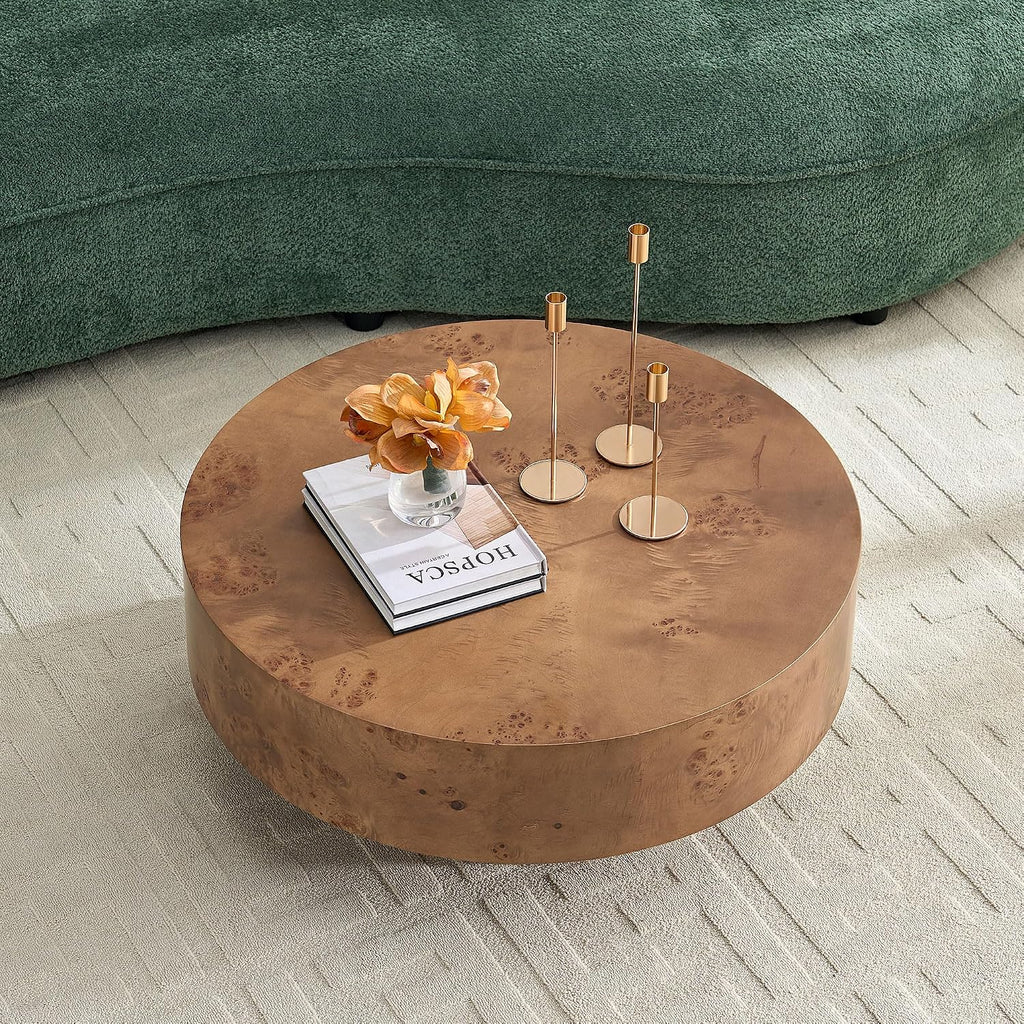 Burl Wood Coffee Table for Living Room Round Wood Coffee Table with Pedestal 31.49' Modern Circle Center Tables Accent Tables for Apartment, Easy Assembly-Brown