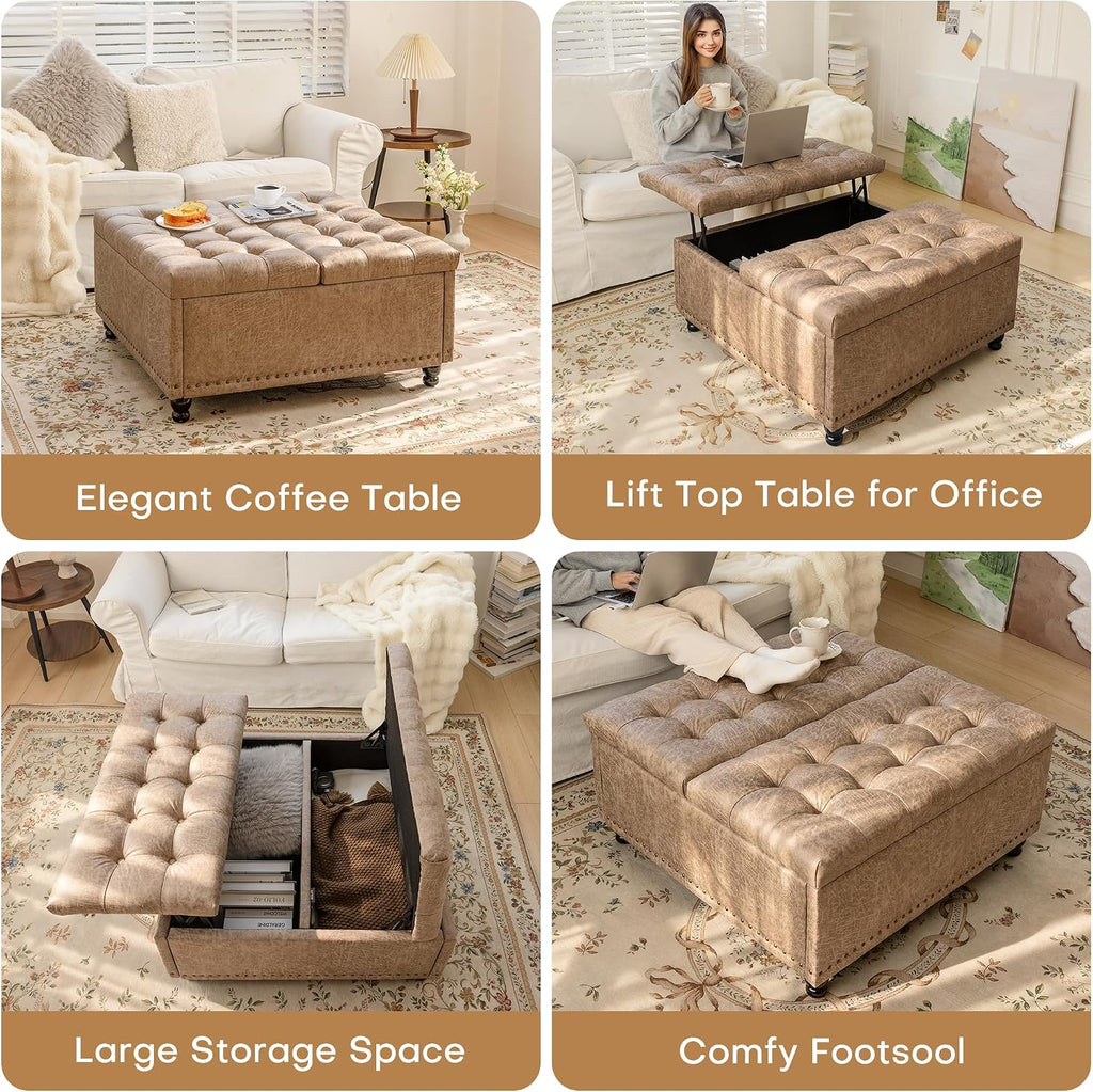 Redlife 35 Inch Large Square Storage Ottoman, Storage Ottoman Coffee Table with Lift Top Faux Leather Ottomans Bench Square Footrest Oversized Upholstered Coffee Table for Living Room (Champagne)