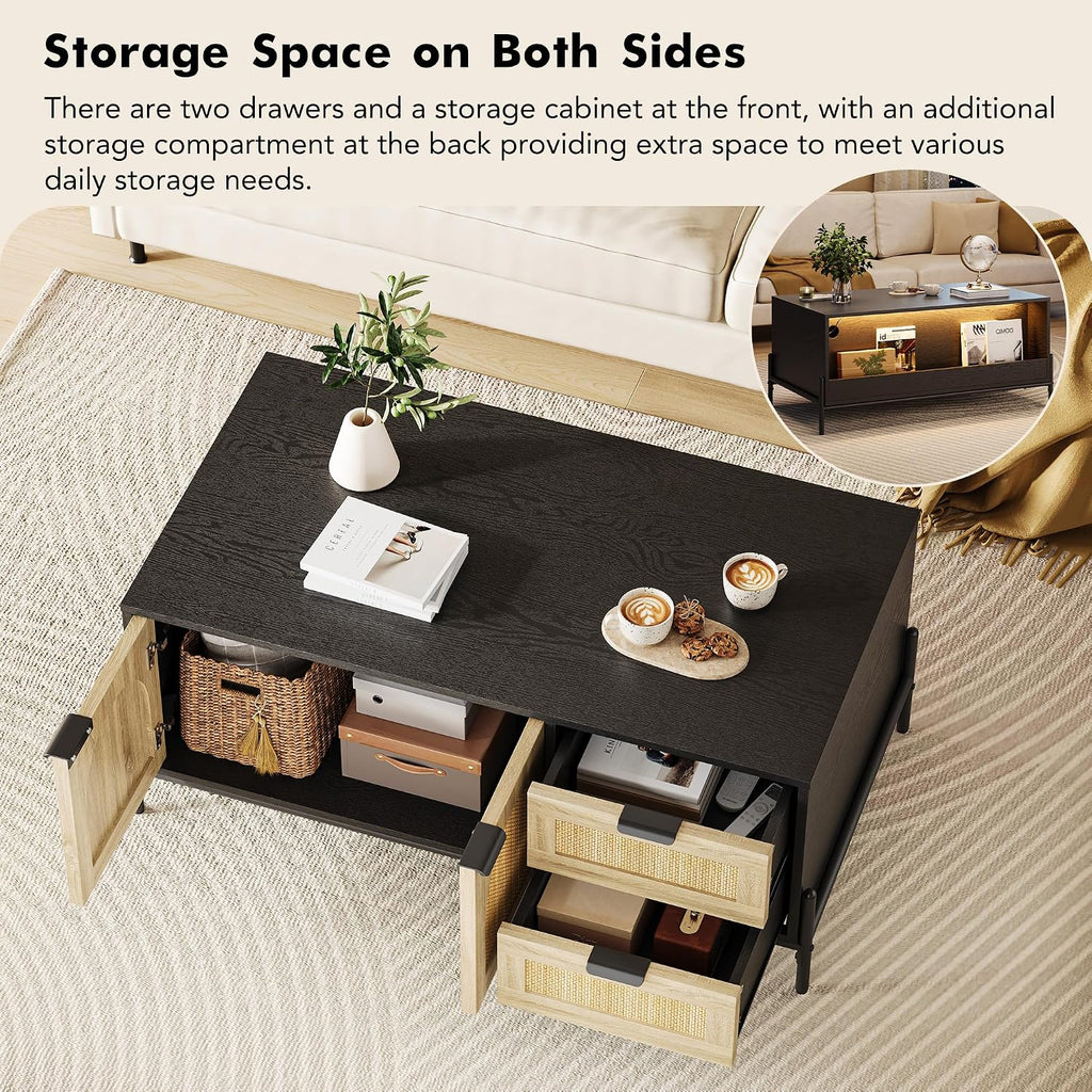 GarveeHome 40.9' Rattan Coffee Table with LED Lights for Living Room, Modern Coffee Tables with 2 Storage Drawers and 2 Arched Door, Farmhouse Coffee Table with Study Metal Legs, Black+Oak