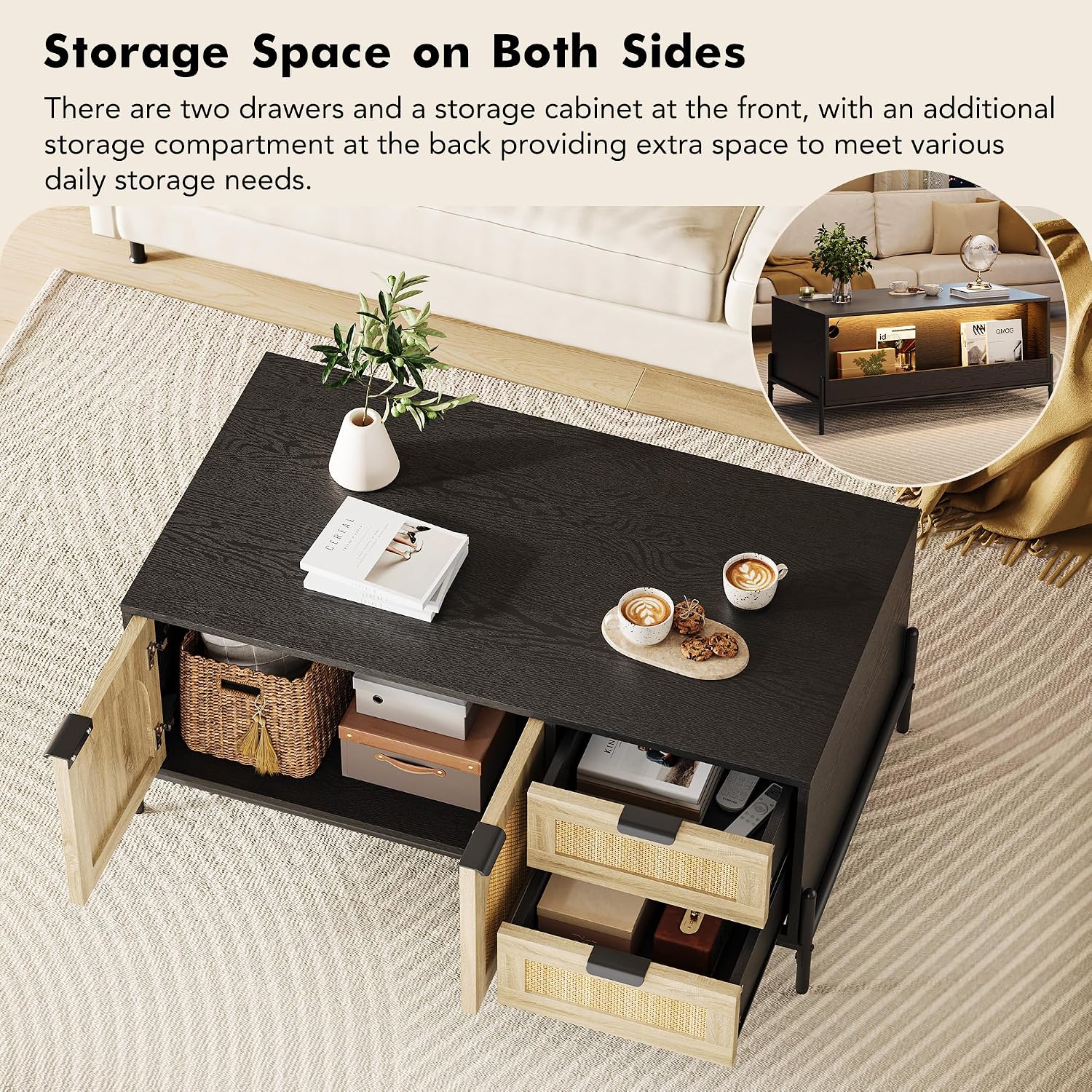 GarveeHome 40.9' Rattan Coffee Table with LED Lights for Living Room, Modern Coffee Tables with 2 Storage Drawers and 2 Arched Door, Farmhouse Coffee Table with Study Metal Legs, Black+Oak