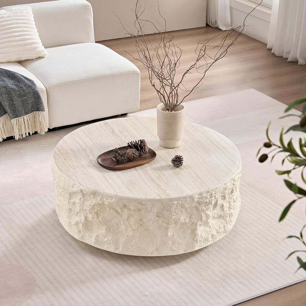 Round Coffee Table for Living Room Circle Coffee Table Modern Drum Center Table for Apartment, No Need Assembly (Fiberglass 35.43'' Cement Stone Pattern) | for Living Room