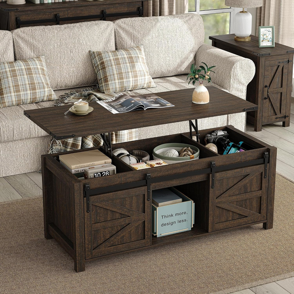 Furnihold 47.3'' Lift Top Coffee Table Rectangle Farmhouse Coffee Table with Storage Rustic Center Table with Sliding Barn Doors for Living Room, Home, Dark Brown