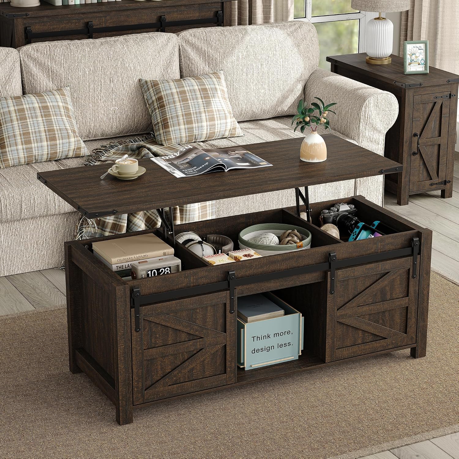 Furnihold 47.3'' Lift Top Coffee Table Rectangle Farmhouse Coffee Table with Storage Rustic Center Table with Sliding Barn Doors for Living Room, Home, Dark Brown