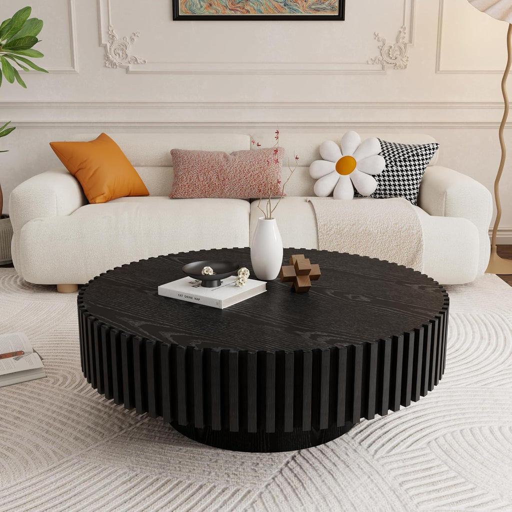 39.4' Black Round Coffee Table Wood, Modern Drum Fluted Coffee Table for Living Room, Contemporary Low Circle Center Table Side Table for Apartment, Farmhouse, Office, mesa de Cafe