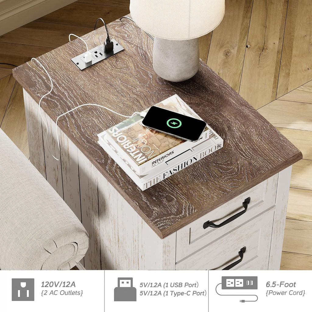 WAMPAT Antique White End Table with Charging Station, Wooden Side Table with Drawer & Storage Cabinet, Farmhouse Nightstand with Power Outlets & USB Ports for Living Room, Bedroom