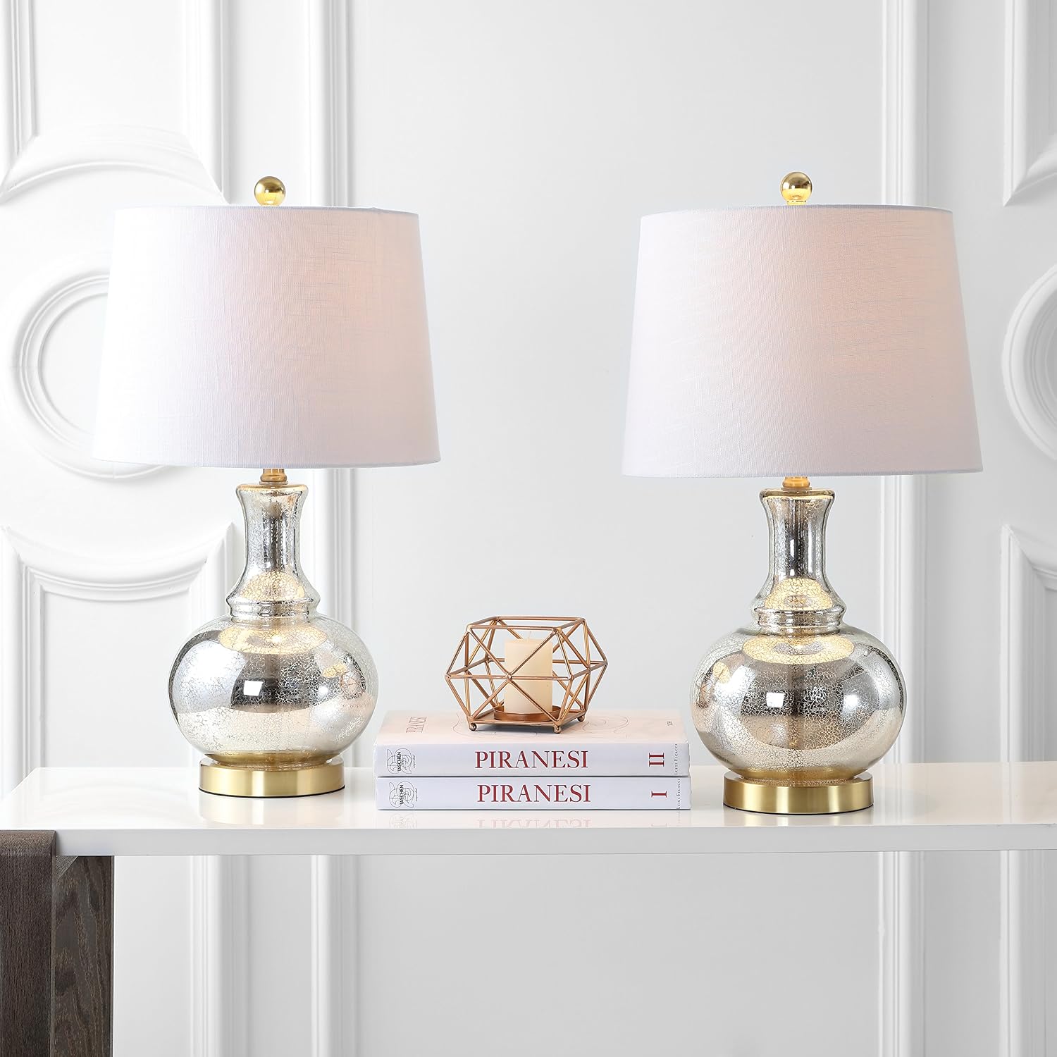 JONATHAN Y 25' Mercury Silver and Brass Gold Glass Table Lamp Set of 2 for Bedroom, Modern Bedside Lamp for Living Room Nightstand, White Linen Drum Shade, LED Bulb Included JYL1068A-SET2