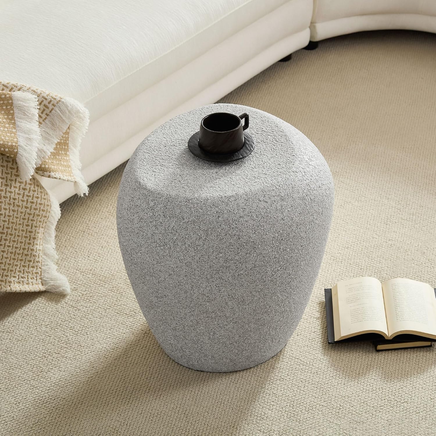 Modern Side Table for Living Room, Irregular Faux Stone Bedside Table Drum End Table Durable Accent Tables for Small Space, No Need Assembly, Beige