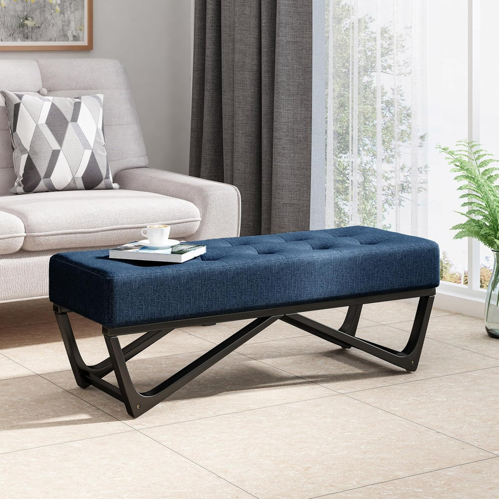 Christopher Knight Home Assis Upholstered Ottoman Bench, Tufted Top Upholstered Ottoman Foot Stool for Bedroom Home Office, Modern Coffee Table for Living Room, Navy Blue