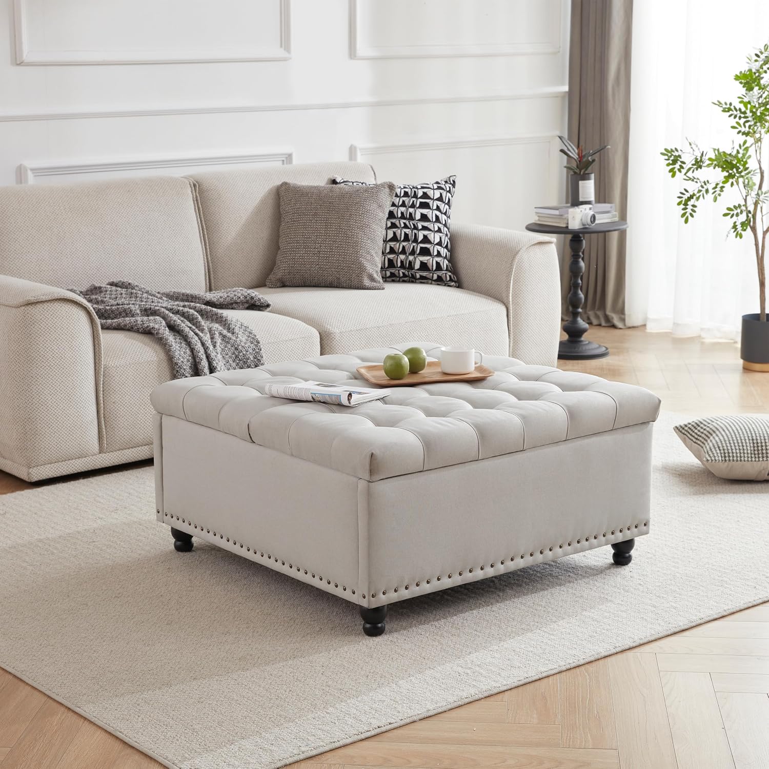 Tbfit Large Square Storage Ottoman Bench, Tufted Upholstered Coffee Table with Lift Top & Solid Wood Legs, Oversized Storage Ottomans Toy Box for Living Room (Beige)