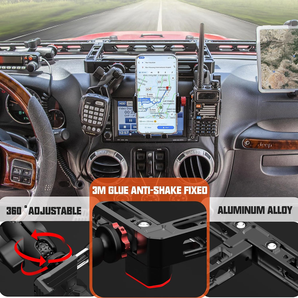EASEORD Dash Mount Platform Phone Holder for 2007-2017 Jeep Wrangler JK JKU, Cellphone Dash Mount for Phone,Radio, Tablet,iPad,Handheld walkie Talks,for Gopro Insta360