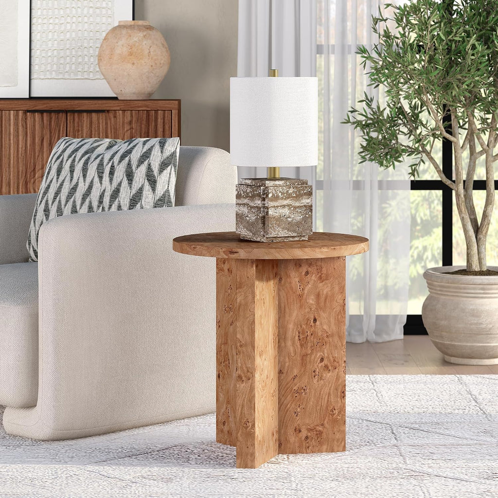 Henn&Hart 20' Scandinavian Round Wooden End Table, Side Table, Nightstand with X-Base for Living Room, Office, Family Room, or Bedroom, Caramel Burl