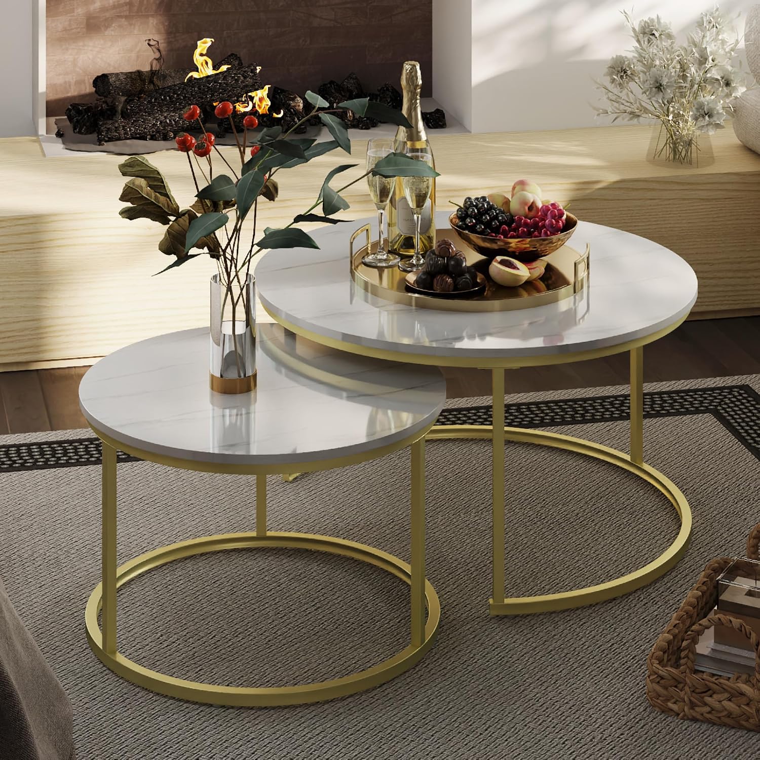 Otterease Nesting Tables Set of 2, 31.5' Round Coffee Table, Small Nesting Coffee Table with Adjustable Non-Slip Fee, White Marble Top Stack Nesting Tables Set of 2 for Living Room, Bedroom (White)