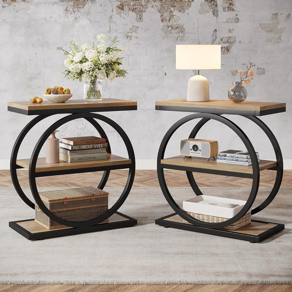 Tribesigns Side End Table with 3 Storage Shelves Set of 2, Industrial Sofa Table with Round Metal Frame for Living Room, Engineered Wood Nightstand for Bedroom, Oak