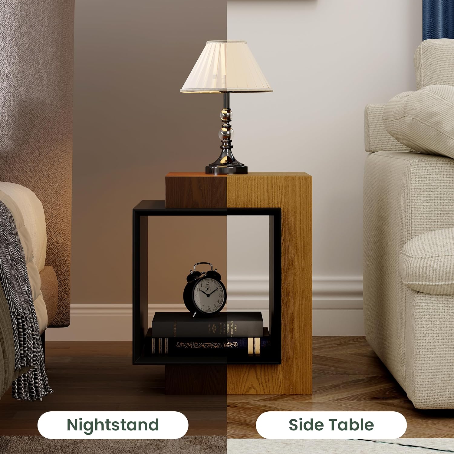 POVISON Minimalist Side Table,17.71' Wood End Table with Storage for Small Spaces,Nightstand for Living Room, Bedroom, Office,Rustic Brown and Classic Black