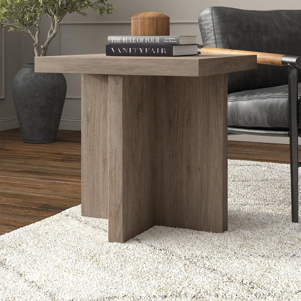 Henn&Hart 22' Scandinavian Square Wooden End Table, Side Table, Nightstand with X-Base for Living Room, Office, Family Room, or Bedroom, Weathered Gray